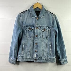LUCKY BRAND Light‎ Wash Denim Tomboy Trucker Painted Button Up Jacket Size Large